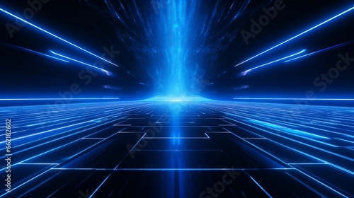 Abstract dark futuristic background blue neon light rays reflect off the water