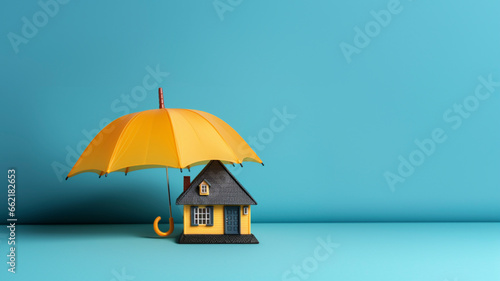 The image of an umbrella and a toy house symbolizes property insurance, safeguarding your home and belongings from unexpected storms and losses.