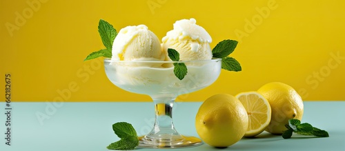 Refreshing summer dessert made of lemon sorbet balls served in a glass With copyspace for text photo