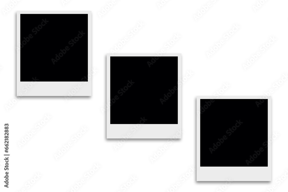 3 Blank square photo frames template with white borders in a diagonal layout. Used as a printable photo collage or a mock up for album pictures or photographs collection in a classic old style. 3 Blank square photo frames template with white borders in a diagonal layout. Used as a printable photo collage or a mock up for album pictures or photographs collection in a classic old style.