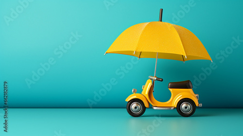 The umbrella and toy bike signify vehicle insurance, protecting your car like an umbrella shields from rain, securing against unexpected damages and costs.