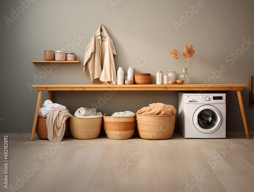 minimalist kitchen, a basket overflows with an assortment of dirty clothes, signaling laundry day © Desyta