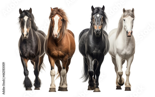 Walking Cute Multiple Horses Black Chestnut Dapple Grey Different Horse and White Horse Isolated on Transparent Background PNG.
