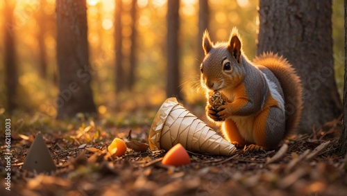 squirrel eating cone in the forest at sunset