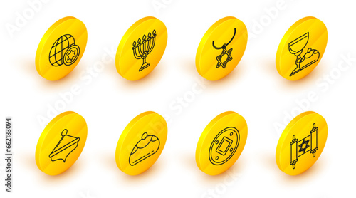 Set line Torah scroll, Jewish coin, sweet bakery, Hanukkah dreidel, goblet and hanukkah sufganiyot, Star of David necklace on chain, menorah and World Globe Israel icon. Vector