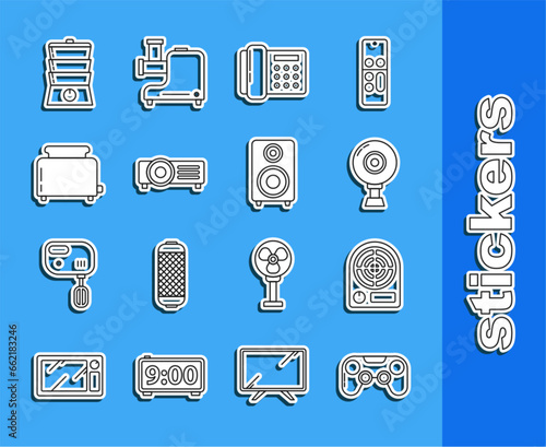 Set line Gamepad, Electric heater, Web camera, Telephone, Toaster with toasts, Double boiler and Stereo speaker icon. Vector