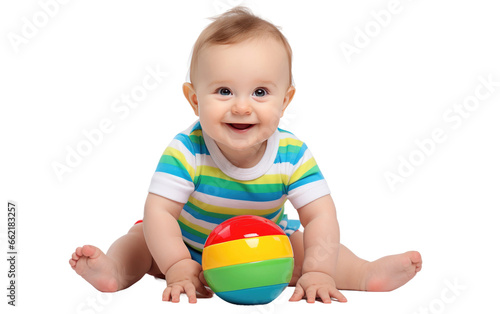 Smiling Cute Cheerful Baby Rolling a Colorful Ball Closeup Isolated on Transparent Background PNG.