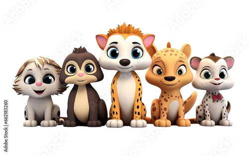 Cute Colorful Cheetah Corgi Flamingo Otter Sloth 3D Cartoon Isolated on Transparent Background PNG.