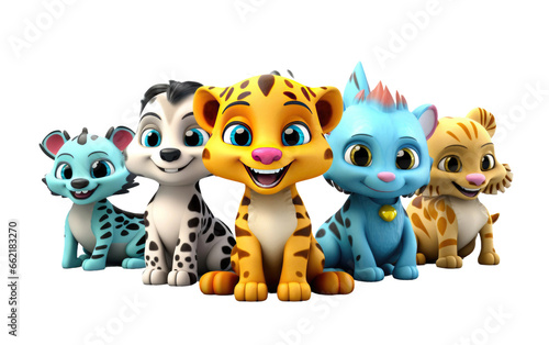 Beautiful Colorful Cheetah Bear Seahorse Dolphin Butterfly 3D Cartoon Isolated on Transparent Background PNG.