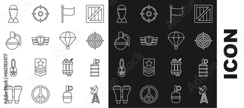 Set line Radar, Hand grenade, Target sport for shooting competition, Flag, Military reward medal, Aviation bomb and Parachute icon. Vector