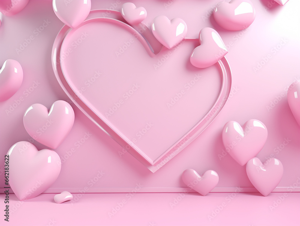 3d illustration of pink hearts on pastel pink color background