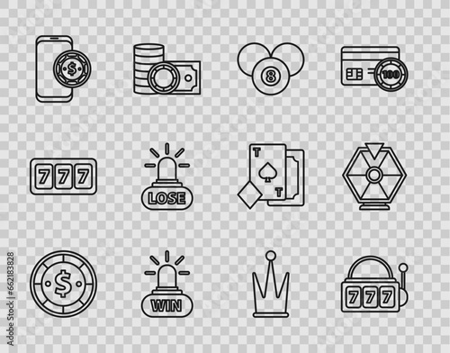 Set line Casino chip with dollar, Slot machine lucky sevens jackpot, Billiard pool snooker 8 ball, win, Online poker table game, losing, Crown and Lucky wheel icon. Vector