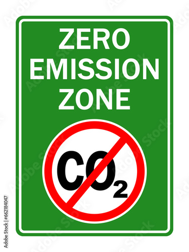 Zero emission zone, information sign with ban CO2 and text on green background.