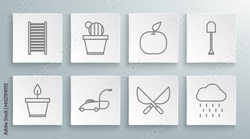 Set line Plant in pot, Cactus and succulent, Lawn mower, Gardening handmade scissors, Cloud with rain, Apple, Shovel and Wooden staircase icon. Vector