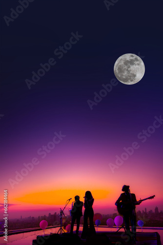 Vertical image of silhouetted trio musician sings song on skyscraper with twilight sky and full moon background.