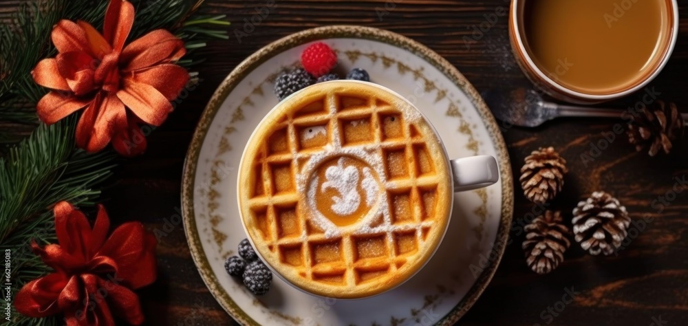 Cup of cappuccino with whipped cream and waffles decorated with berries on wooden background, top view. Christmas Concept With a Copy Space.