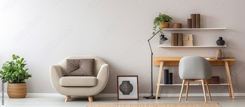 Real photo of a white home office with a brown carpet pouf grey sofa and desk with a chair With copyspace for text Real photo of a white home office with a brown carpet pouf grey sofa and desk with a chair With copyspace for text