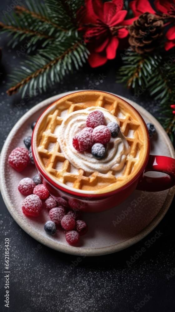 Cup of coffee with waffles and fresh berries on dark background. Christmas Concept With a Copy Space.