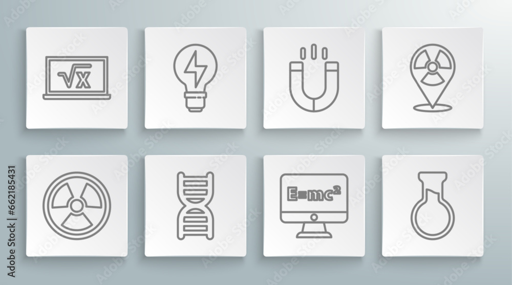 Set line Radioactive, Light bulb with lightning, DNA symbol, Equation solution, Test tube and flask, Magnet, location and Square root of x glyph icon. Vector Set line Radioactive, Light bulb with lightning, DNA symbol, Equation solution, Test tube and flask, Magnet, location and Square root of x glyph icon. Vector