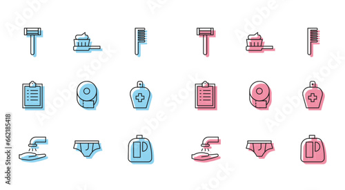 Set line Washing hands with soap, Underwear, Shaving razor, Bottles for cleaning agent, Toilet paper roll, of liquid antibacterial, Clipboard checklist and Toothbrush toothpaste icon. Vector