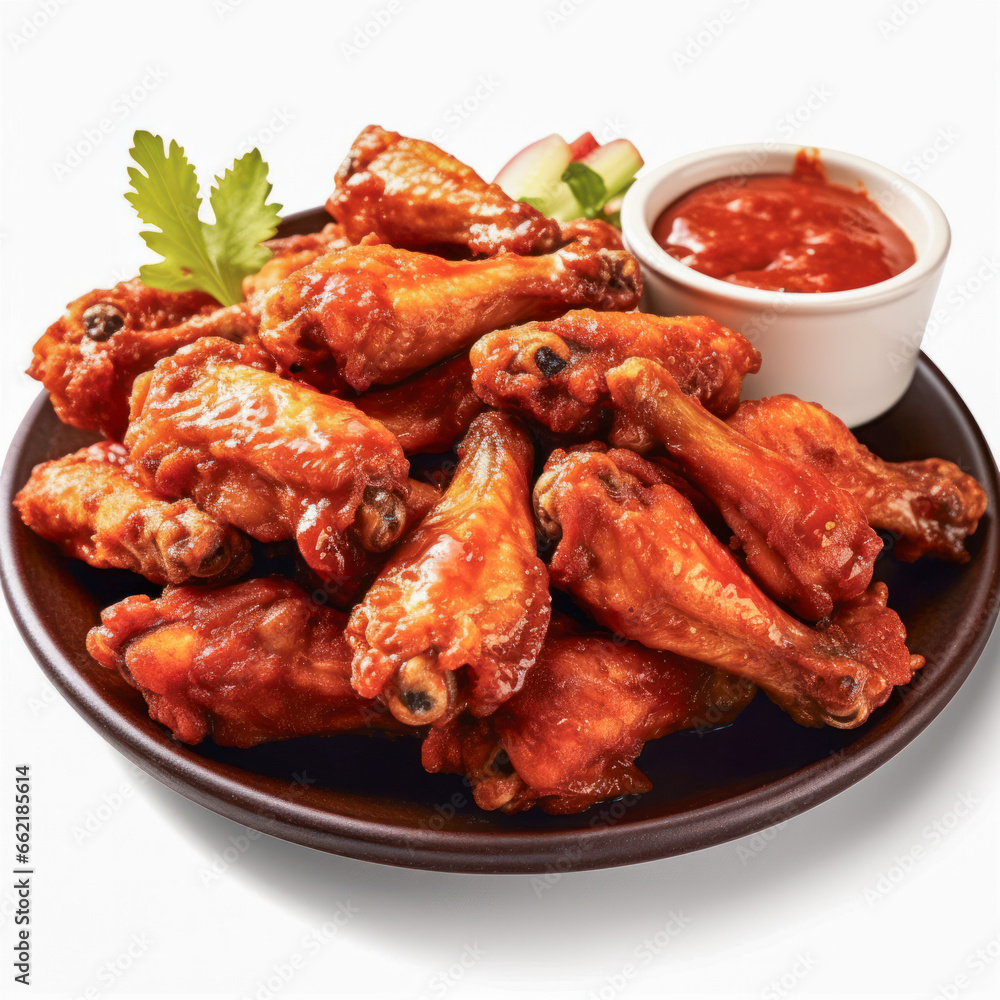 Fritierte Chicken Wings auf einem Teller vor weißem Hintergrund, Generative AI Fritierte Chicken Wings auf einem Teller vor weißem Hintergrund, Generative AI