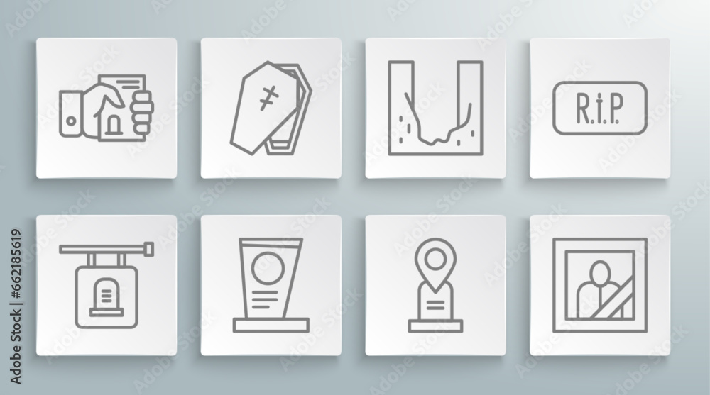 Set line Signboard tombstone, Coffin with cross, Grave, Location grave, Mourning photo frame, Cemetery digged hole, Speech bubble rip death and Death certificate hand icon. Vector Set line Signboard tombstone, Coffin with cross, Grave, Location grave, Mourning photo frame, Cemetery digged hole, Speech bubble rip death and Death certificate hand icon. Vector