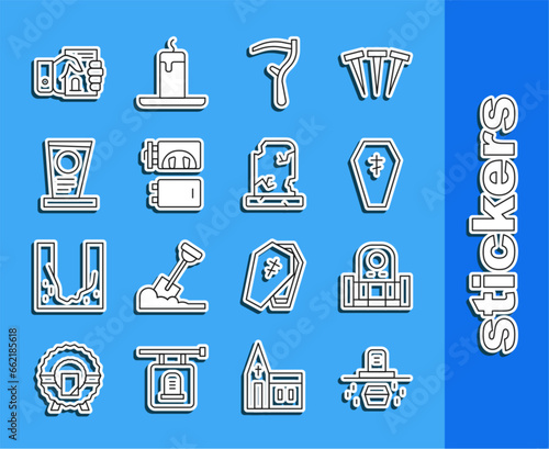 Set line Grave with coffin, tombstone, Coffin cross, Scythe, Crematorium, Death certificate hand and Old grave icon. Vector