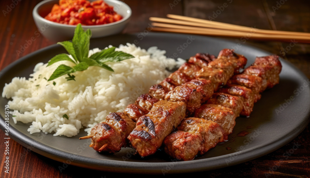Cevapcici mit Reis, angerichtet auf einem Teller, Generative AI Cevapcici mit Reis, angerichtet auf einem Teller, Generative AI