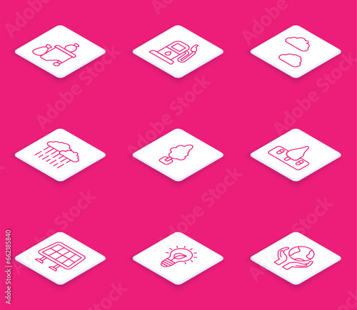 Set line Full dustbin, Petrol or gas station, Cloud, with rain, Tree, Deforestation, Solar energy panel and Light bulb leaf icon. Vector