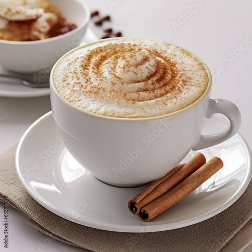 Eine Tasse Capuccino vor weißem Hintergrund, Generative AI