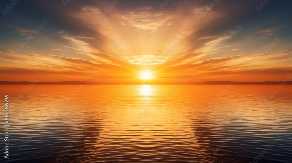 A radiant sunrise over calm waters, symbolizing hope