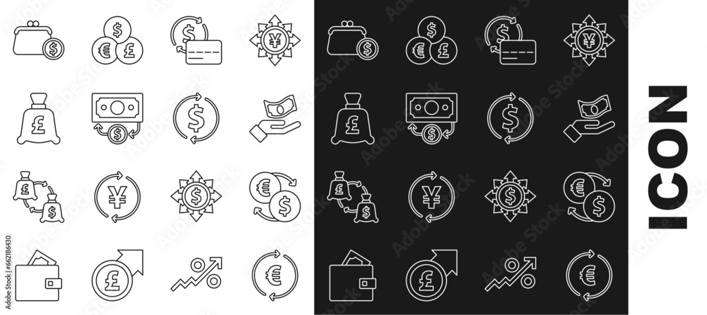Set line Coin money with euro symbol, Money exchange, Hand holding, Credit card, Stacks paper cash, pound, Wallet coins and Financial growth dollar icon. Vector Set line Coin money with euro symbol, Money exchange, Hand holding, Credit card, Stacks paper cash, pound, Wallet coins and Financial growth dollar icon. Vector