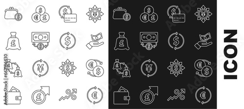 Set line Coin money with euro symbol, Money exchange, Hand holding, Credit card, Stacks paper cash, pound, Wallet coins and Financial growth dollar icon. Vector
