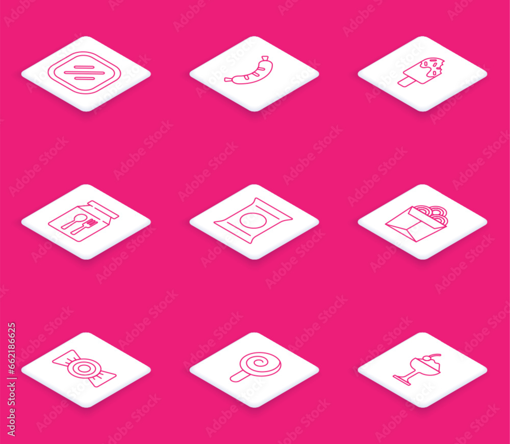 Set line Steak meat, Hotdog, Ice cream, Online ordering and delivery, Bag packet potato chips, Noodles box, Candy and Lollipop icon. Vector