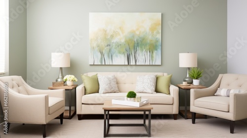 A therapist s office with soothing colors and comfortable seating