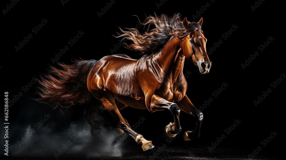 Close-up portrait of a horse on a black background.