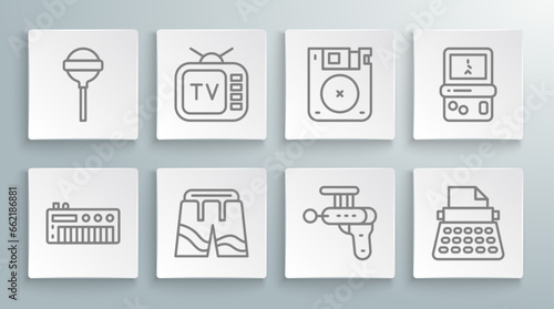 Set line Music synthesizer, Retro tv, Short or pants, Ray gun, typewriter, Floppy disk, Tetris and Lollipop icon. Vector