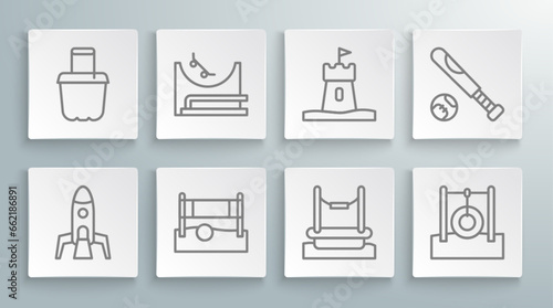 Set line Rocket ship, Skate park, Volleyball net with ball, Bungee, Car tire hanging on rope, Sand tower, Baseball bat and bucket icon. Vector