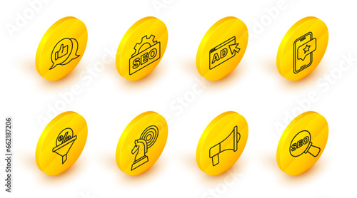 Set line SEO optimization, Megaphone, Chess, Lead management, Mobile with review rating, Advertising, and Customer product icon. Vector