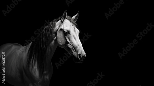 Close-up portrait of a horse on a black background.