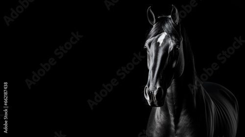 Close-up portrait of a horse on a black background. © ArturSniezhyn