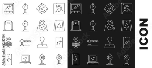 Set line Location with cross hospital, City map navigation, Compass, Traffic sign turn left, Road traffic, Gps device and Folded location marker icon. Vector