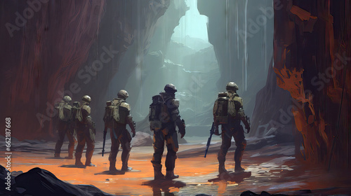 Group of soldiers in a cave. 3d rendering © Lohan