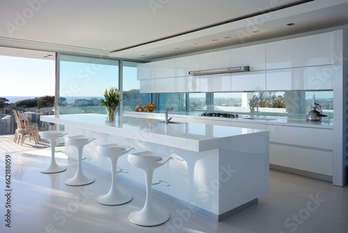 Contemporary white kitchen as a panoramic view. Generative AI