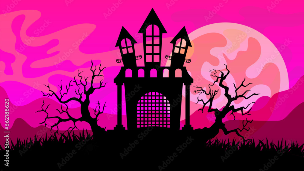 Gloomy ominous Halloween landscape. Spooky castle, dead trees