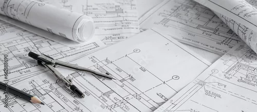 Tapety architect design working drawing sketch plans blueprints and making architectural construction model in architect studio,flat lay.