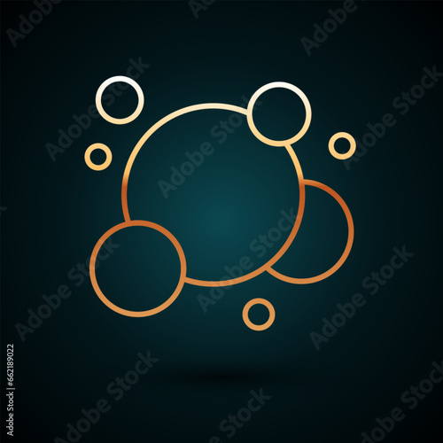 Gold line Soap water bubbles icon isolated on dark blue background. Vector
