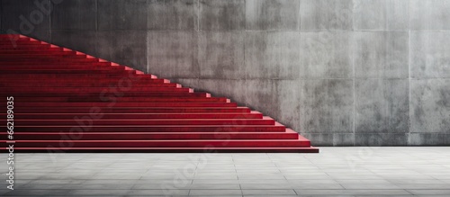 Red carpet on concrete stairs seen from a low side angle going up With copyspace for text
