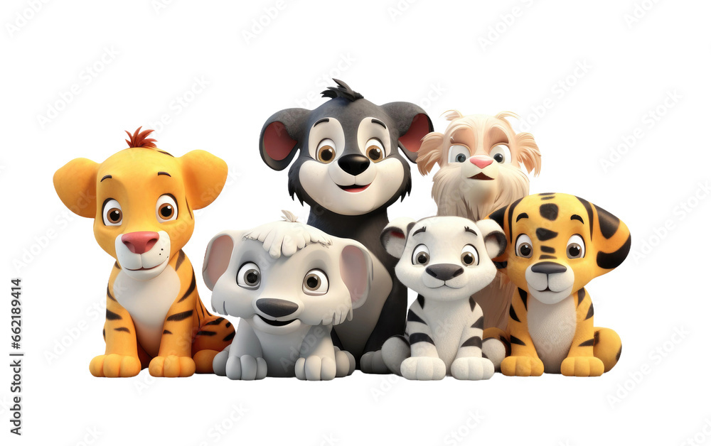 Beautiful Cute Dog Tiger Lion Elephant Panda 3D Cartoon Animals Isolated on Transparent Background PNG.