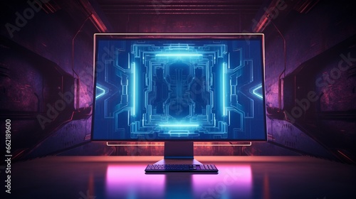 A computer screen with a purple and blue leds in the middle